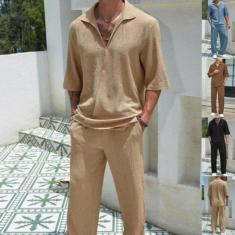 Commuter Suits Short-sleeved Top And Loose Straight Trousers Casual Outfits Outdoor Mens Clothing