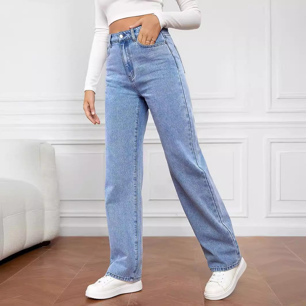 Hot-selling Stretch Washed Denim Fashion Straight Trousers Jeans Women's Pants