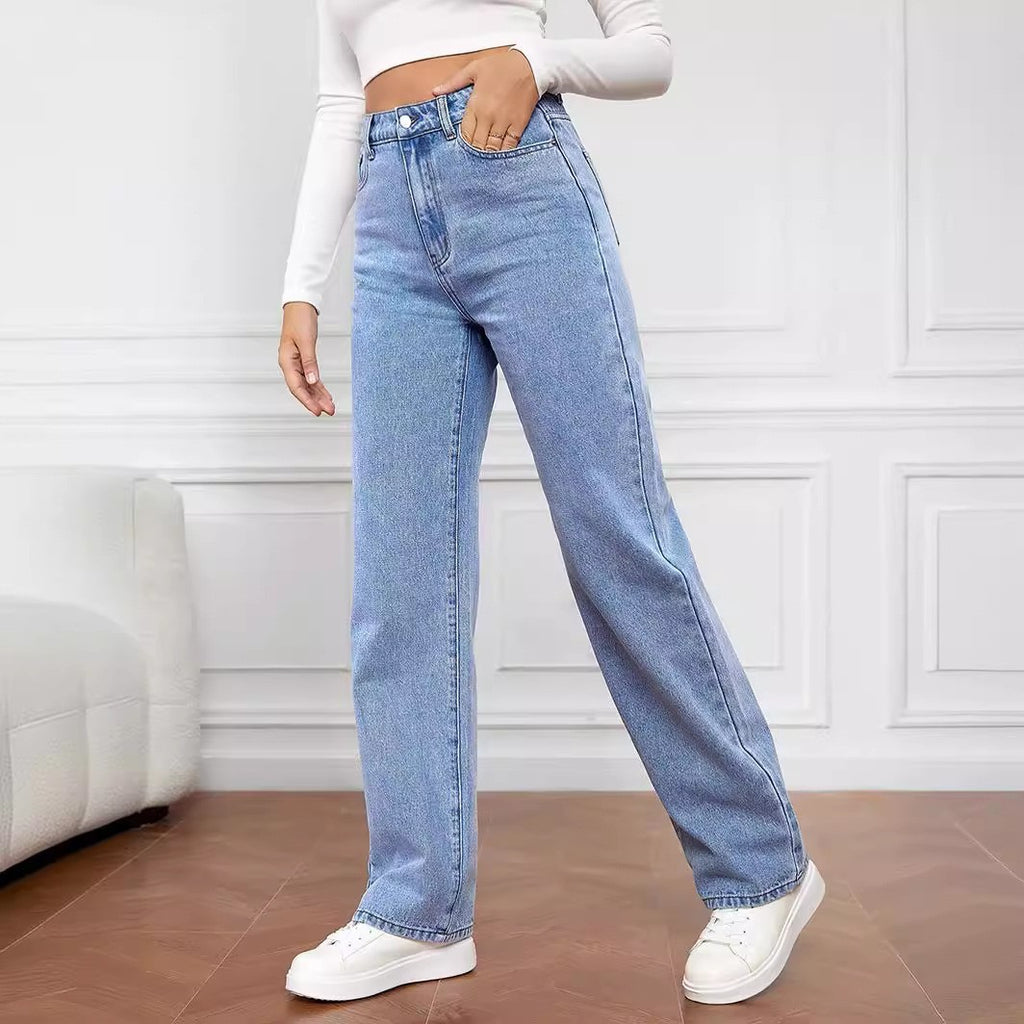 Hot-selling Stretch Washed Denim Fashion Straight Trousers Jeans Women's Pants