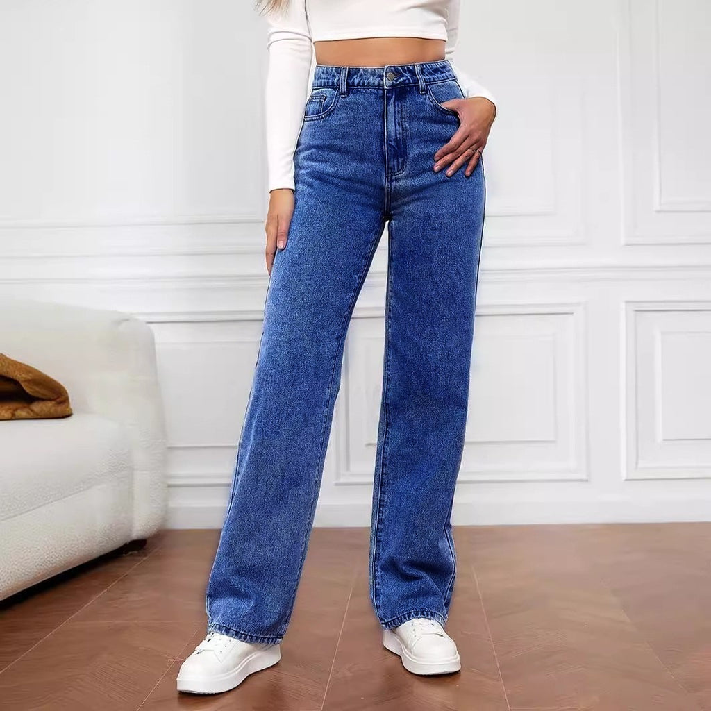 Hot-selling Stretch Washed Denim Fashion Straight Trousers Jeans Women's Pants