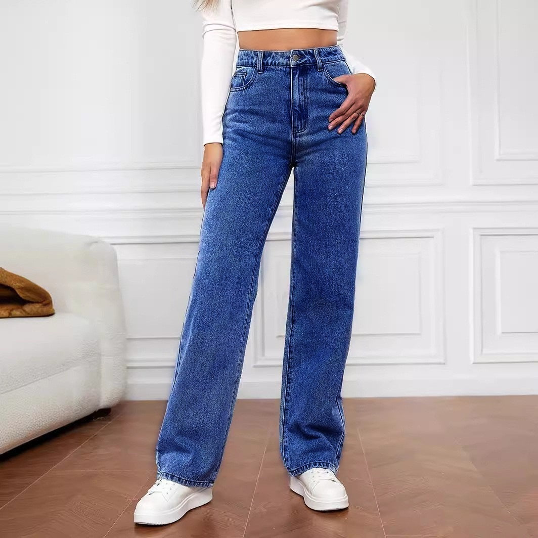 Hot-selling Stretch Washed Denim Fashion Straight Trousers Jeans Women's Pants