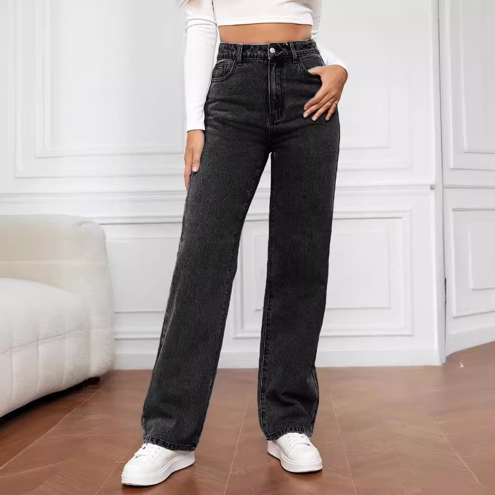 Hot-selling Stretch Washed Denim Fashion Straight Trousers Jeans Women's Pants